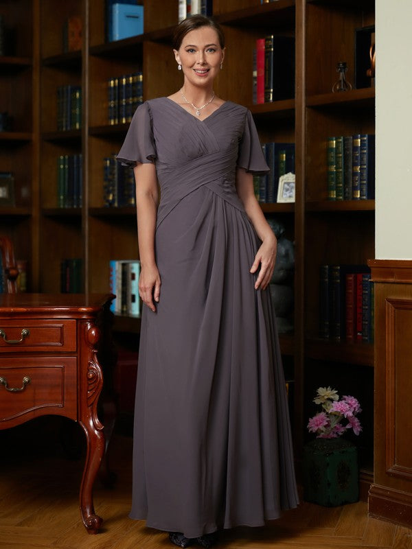 Wholesale A-Line/Princess Chiffon Ruched V-neck Short Sleeves Floor-Length Mother of the Bride Dresses
